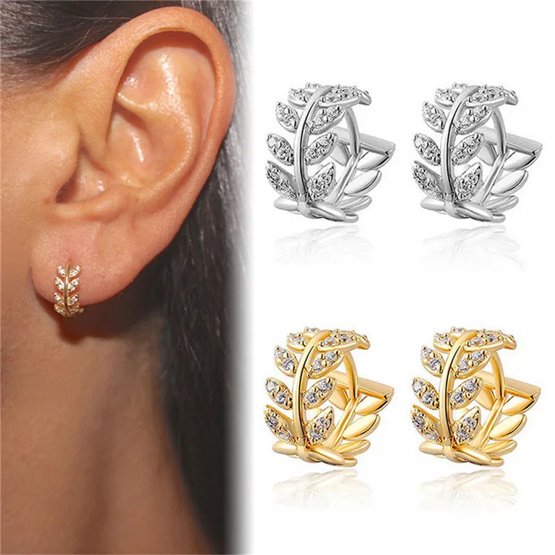 Pendientes de aro elegantes con forma de hoja  aretes de aro pequeños con diamantes de imitación de