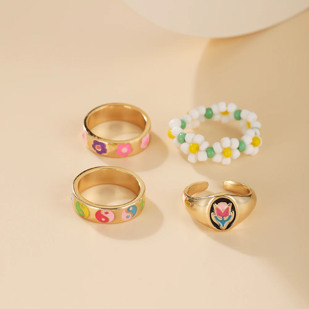 4 шт. простые кольца с цветами сердцем и звездами для женщин креативный дизайн