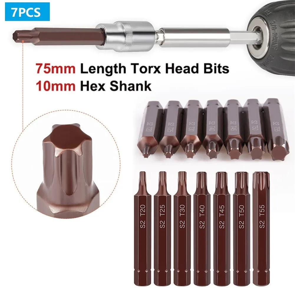 

7pcs S2 Torx Bit Set 75mm Long Torx Screwriver Bits 10mm Hex Shank T20-T55 Magnetic Screw Driver Bit Tool Fast Shipping