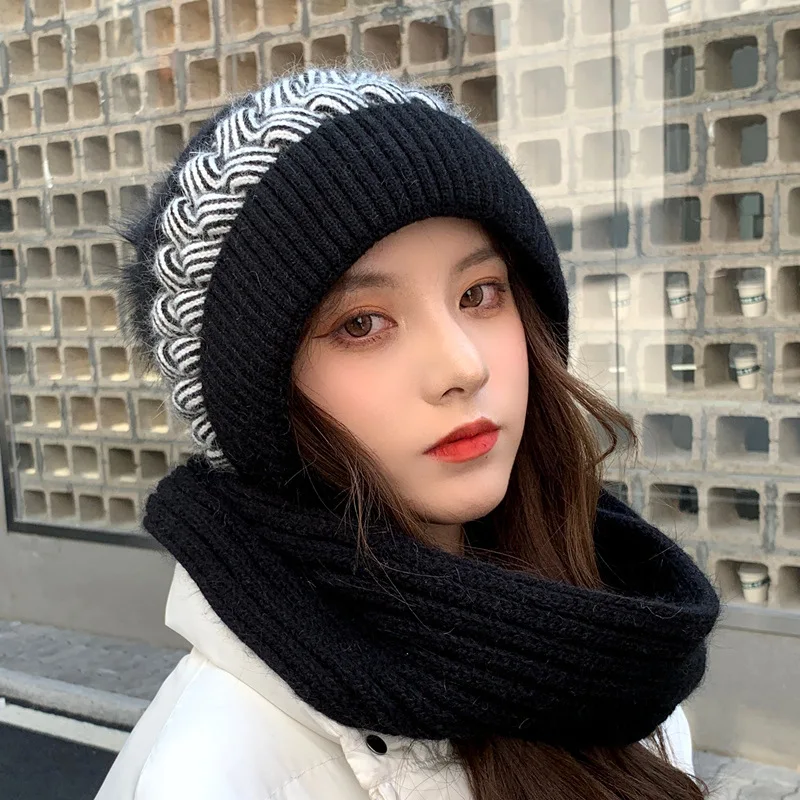 

New Fashion Girl Winter Knitte Cotton Wool Hooded Neck Collar Cap Head Drawstring Thick Beanie Unisex Hoodie Adjustable Warm Hat