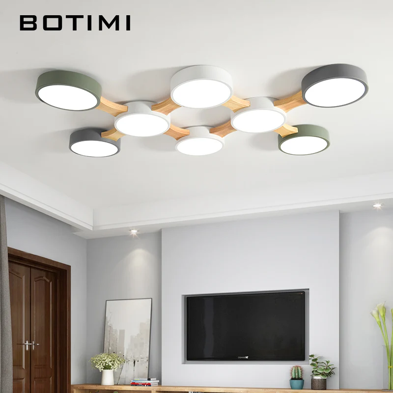 BOTIMI 220V светодиодный потолочный светильник s с круглым металлическим абажуром для гостиной современный поверхностный потолочный светильник Деревянный светильник для спальни