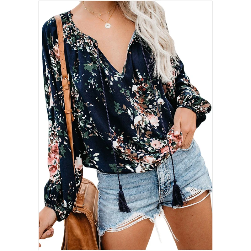 

Women Long Sleeve Blouses Shirt Autumn Casual Vintage Floral Print Cream Chic New Boho Big V-neck Pullover Loose Drawstring Top
