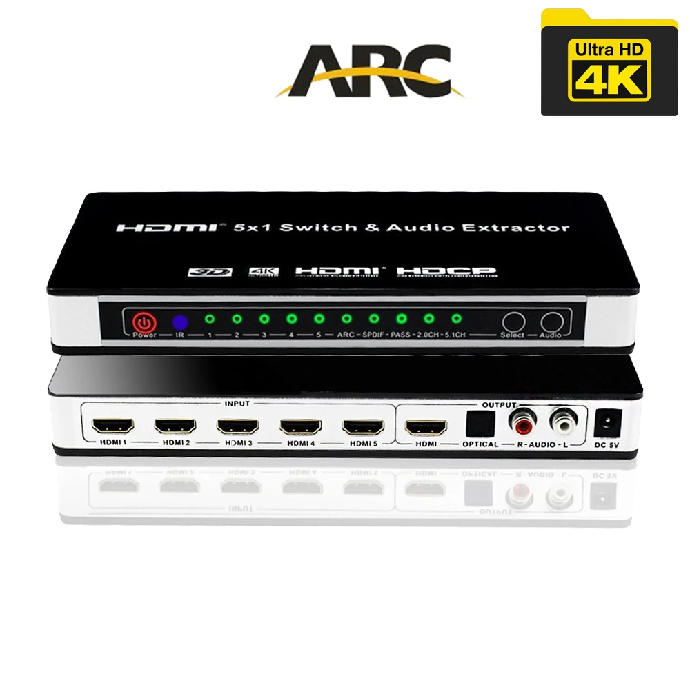 

True 4K HDMI Switcher 5X1 with audio selector switch with remote HDMI 5 in 1 out 1.4V for PS4,HDTV,DVD,STB etc.