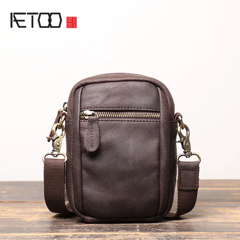 

AETOO Men's leather waist hanging bag, matte skin shoulder bag, cowhide sloping mobile phone bag.