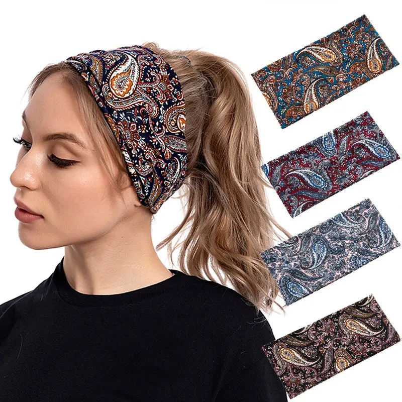 

Paisley Print Boho Headbands Cashew Flower Elastic Hair Band Vintage Wide Hair Accessories Non-slip Turban Headwrap Fashion