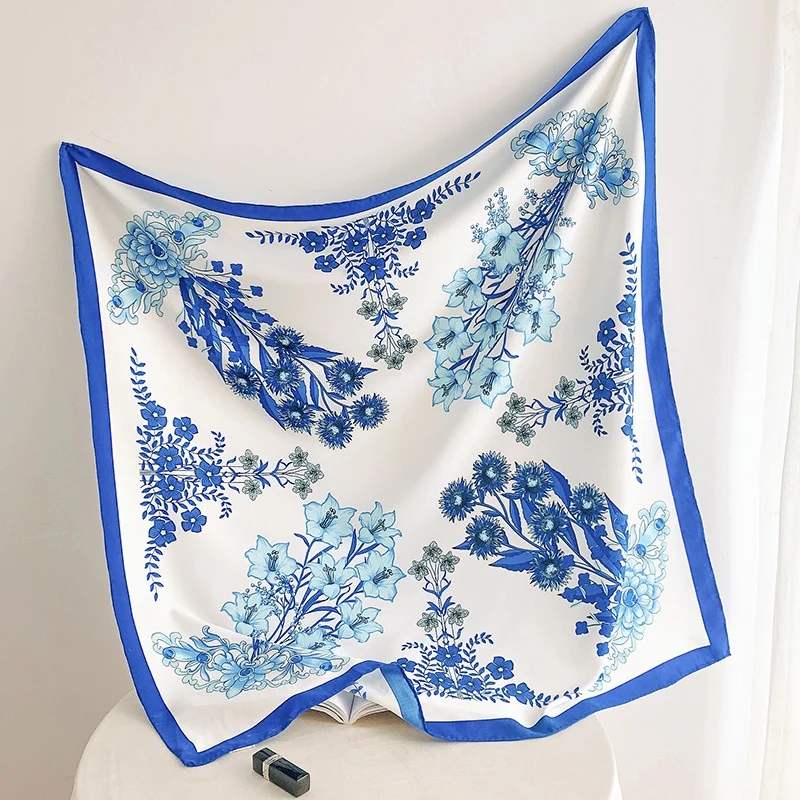 

90cm Manual Hand Rolled Twill Silk Scarf Women Four Seasons Flower Square Scarves Wrap Echarpe Foulards Femme Bandana Lady Hijab