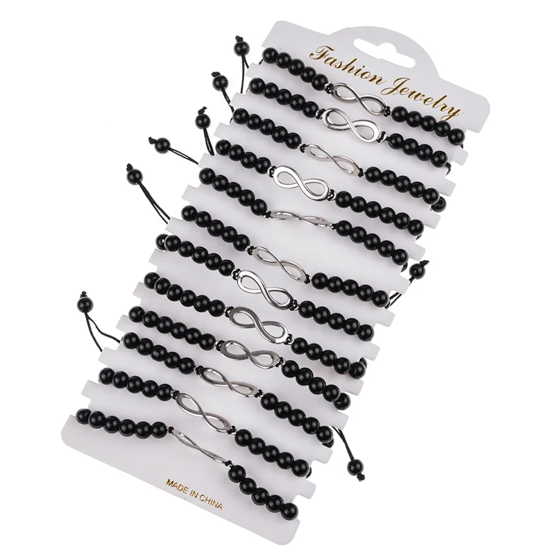 12 шт./лот Набор браслетов с черными бусинами регулируемые плетеные браслеты