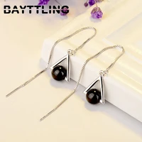 bayttling silver color long tassel triangle earrings round agate drop earrings for woman fashion charm party gift jewelry
