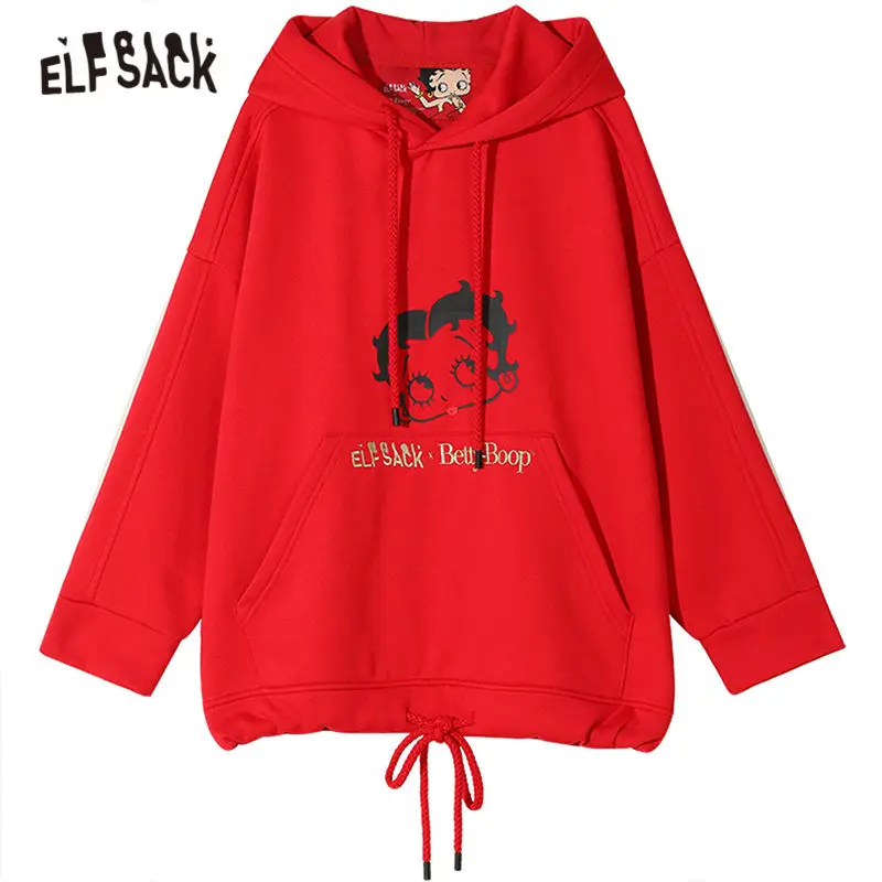 ELFSACK однотонные толстовки с принтом Бетти на шнурке для женщин Осенняя Повседневная Милая Офисная Женская толстовка с вышитыми буквами