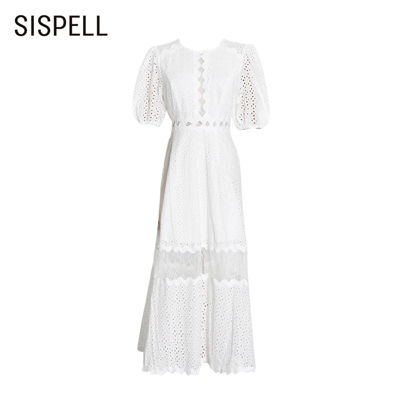 

SISPELL Puff Short Sleeve Dresses For Female O Neck Patchwork Lace Hollow Out Women's Elegant Dress Fashion Autumn Tide 2021