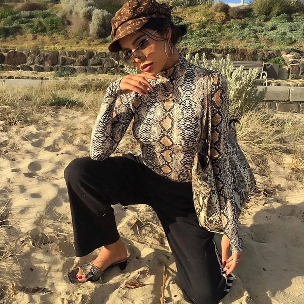 

Hot Printed Party Bodycon Bodysuit Long Sleeve Turtleneck Sheath Basic Serpentine Overalls Women Body Suit Top 2020 Christmas