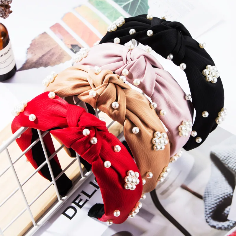 Женская повязка для волос с узлом однотонная широкая искусственным жемчугом