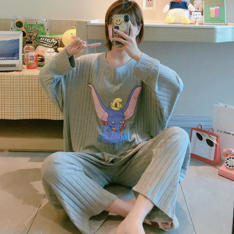 Disney Dumbo Cute Pijama Ladies Pajama Set Fashion Striped Sleepwear Home Suits Loose Soft Homewear Top and Sheer Pants Suit