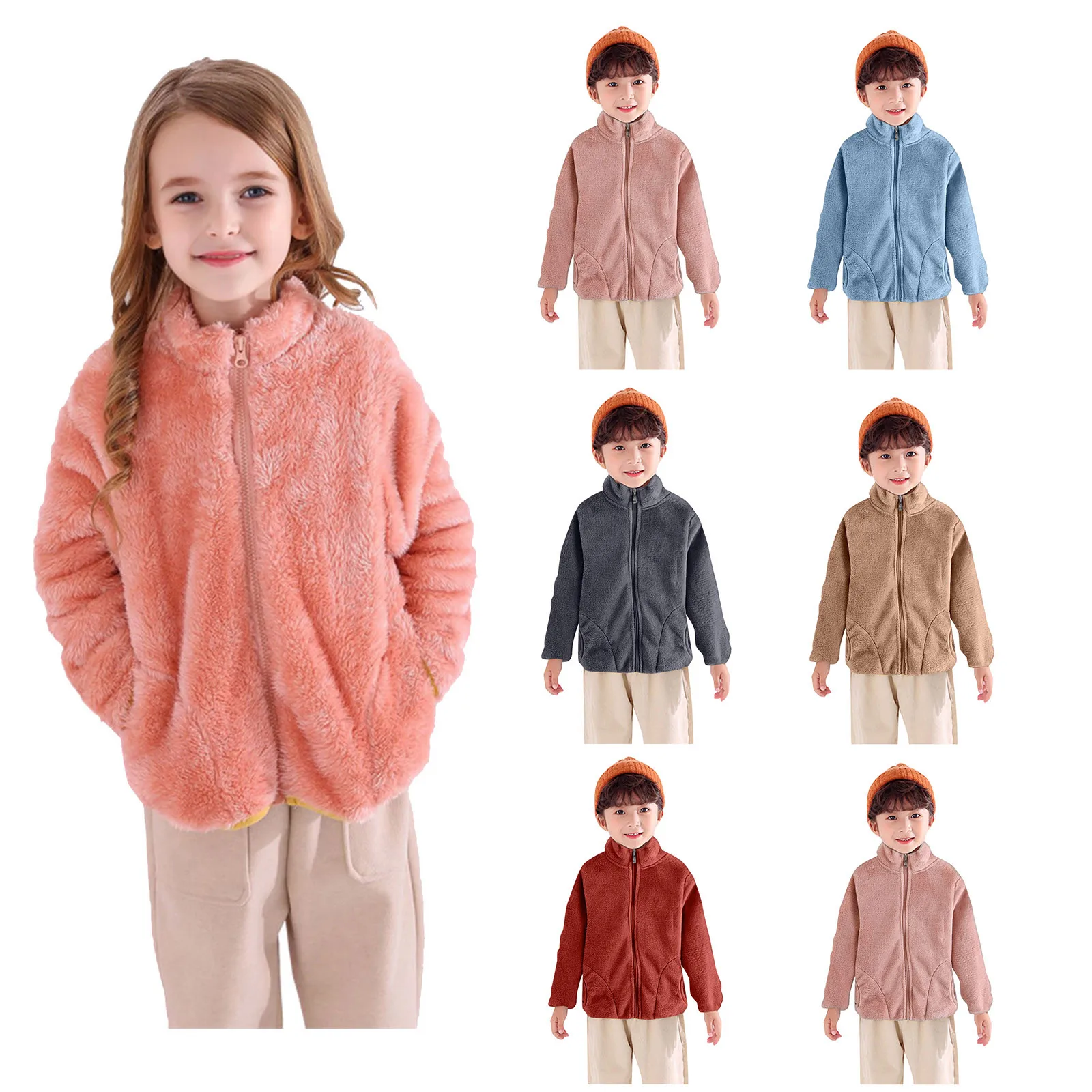 

Chaquetas de franela con cremallera para niños, sudadera gruesa de manga larga, colores sólidos, de 1 a 5 años, Invierno