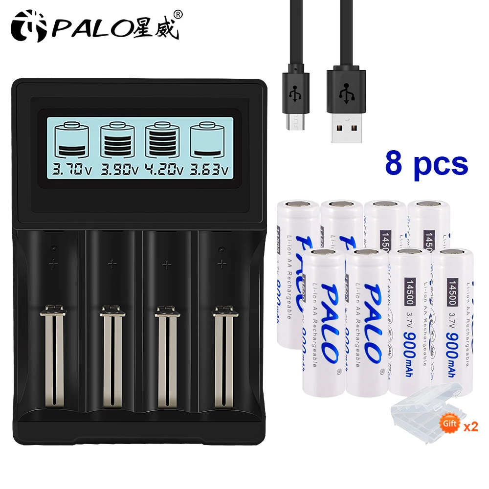 PALO 3 7 V 18650 зарядное устройство для 26650 16340 14500 литиевая батарея + 4/6/8/10/14/16 AA литий