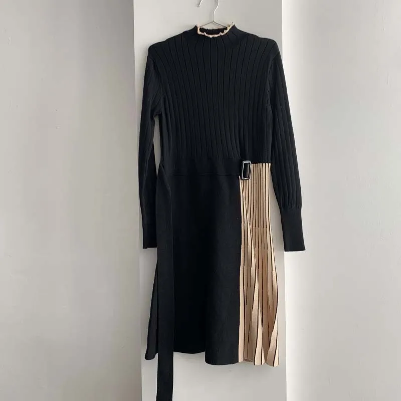 

Autumn Winter Office Lady Long Sleeve Knitted Dress One-Piece Women Sweater Korean Elegant O Neck Splicing Pleated Knit Dresses