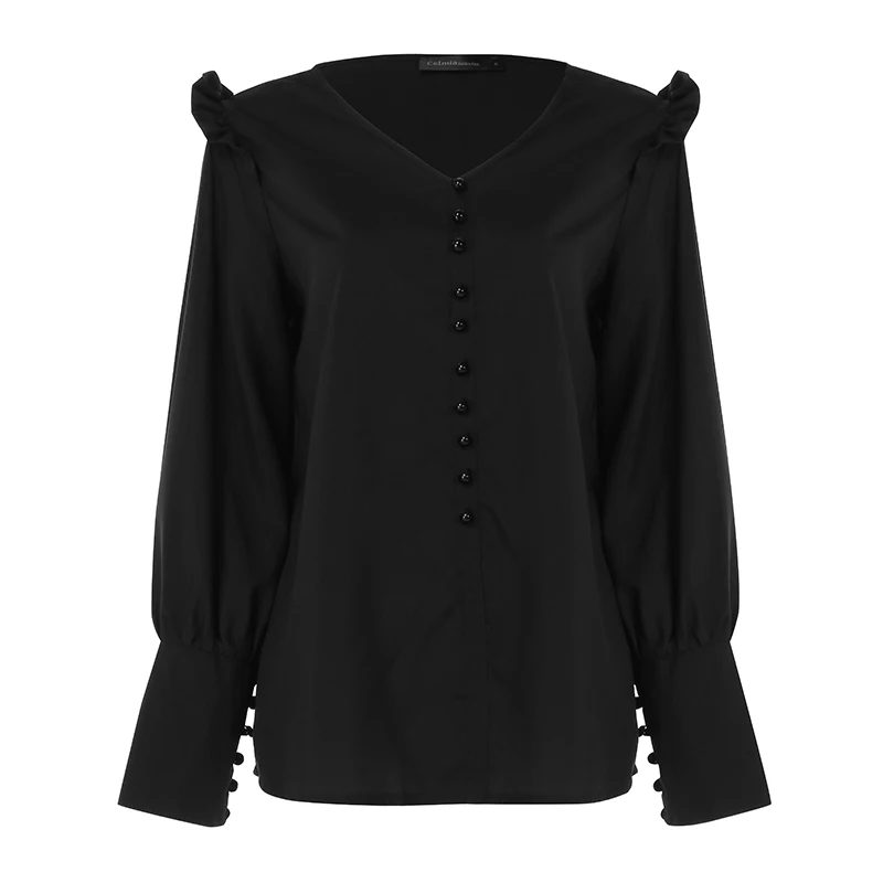 Черный Autumn Women Shirts Blouses Celmia Sexy V Neck Long Sleeve Casual Solid Ruffled Tunic Top Button Plus Size Blusas Femininas - Цвет: Черный