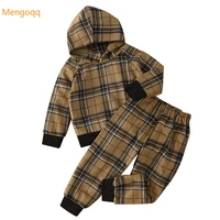 kids baby girls boys autumn spring full sleeve hooded plaid top outwear hoodies trousers children clothes set 2pcs 1 8y