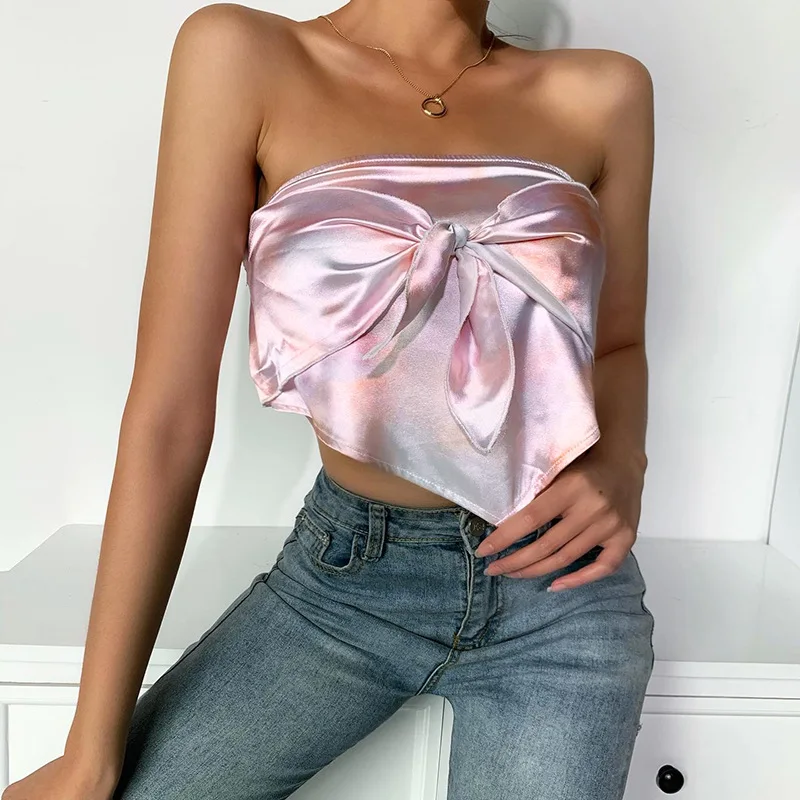 

QuanRun Sexy Fashion Women Solid Sleeveless Strapless Bra Bowknot Crop Top Casual Slim Streetwear 2021Spring Summer