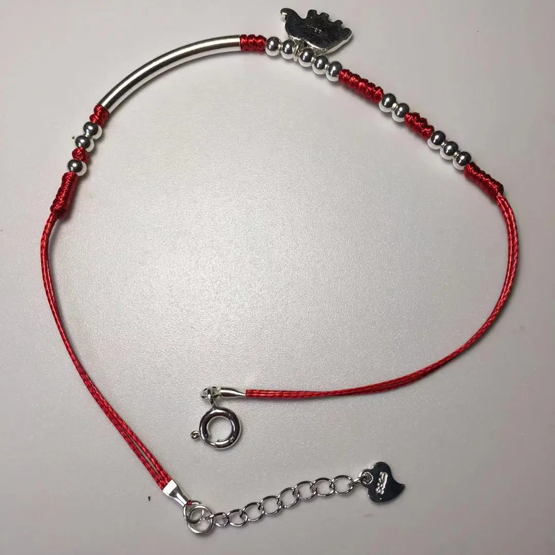 Серебряные женские браслеты на щиколотку с оберегом слона, удачной веревкой и красной ниткой.