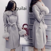 fengguilai elegant womens long winter detachable faux fur collar wool blend jacket office lady belt coat