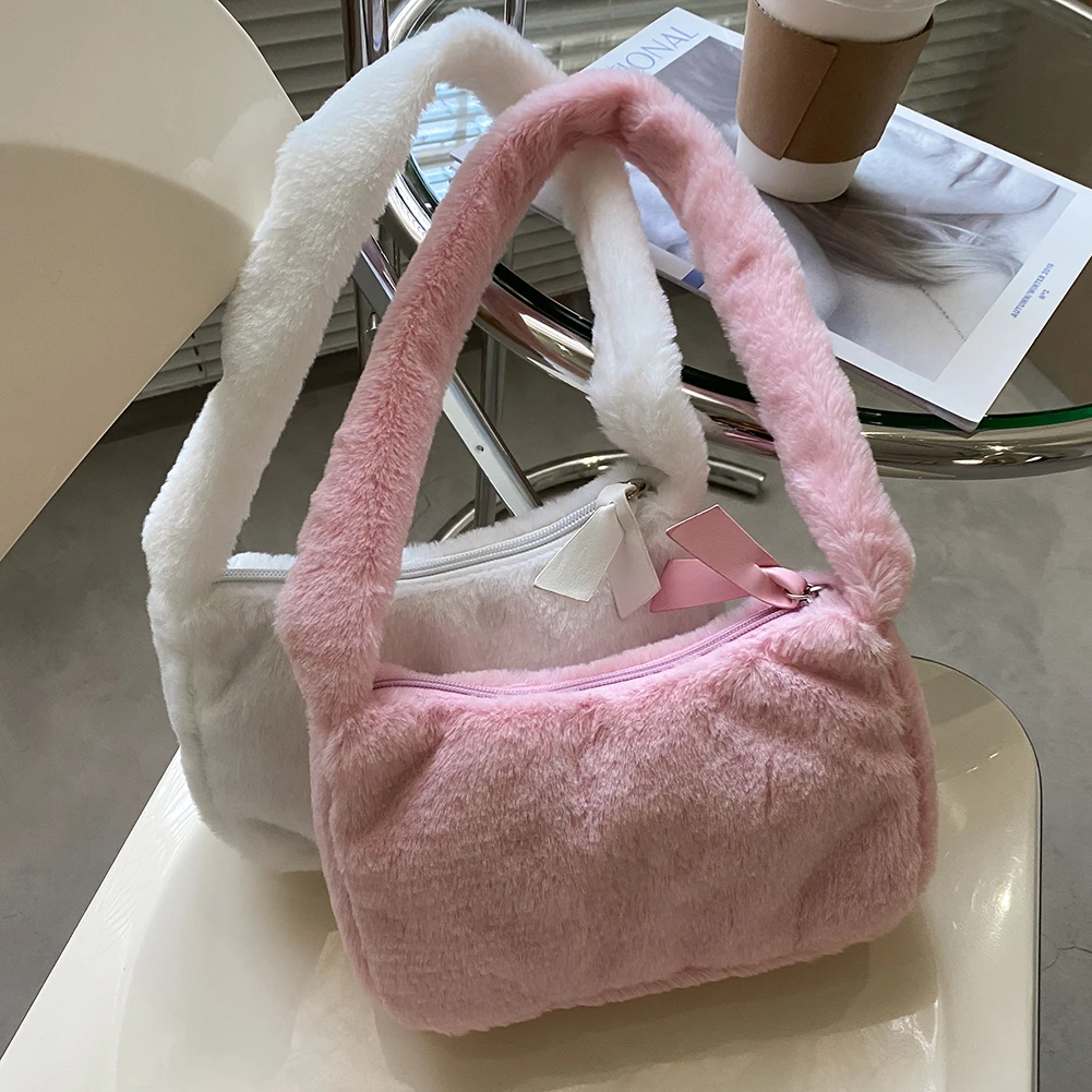 

Vintage Plush Handbags Women Solid Color Top-handle Bag Street Underarm Purses Fashion Exquisite Shopping Bag