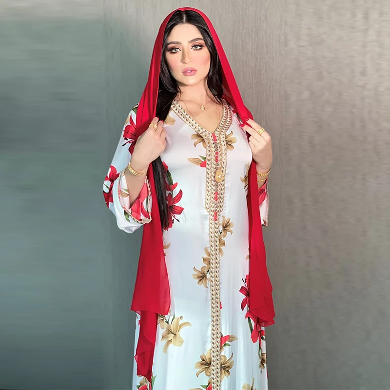 Women's Long Muslim Dress Abaya Dubai Turkey Hijab 2021 Long Sleeve Print Islamic Modest Traditional Arabic Evening Saudi Robe
