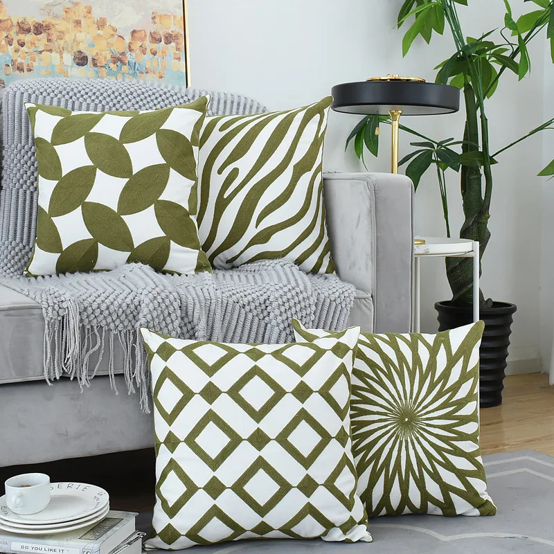 

Home Decoration Aqua Green Embroidered Cushion Cover Geometric Canvas Cotton Square Embroidered Pillow Cover 45x45cm