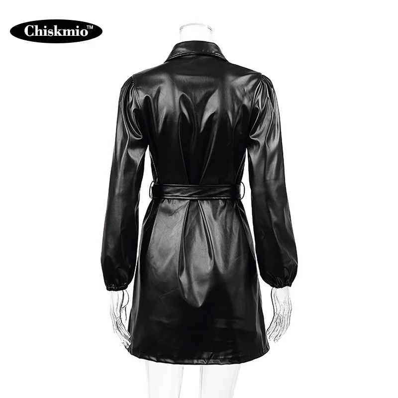 

PU Leather Sashes Design A-line Dress Party Turn-down Collar Long Sleeve Button Shirts Dresses Elegant Office Ladies PU Vestidos