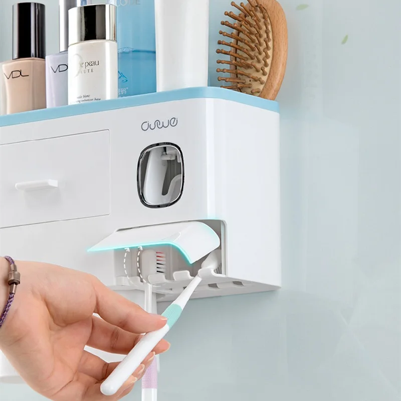 

Wall Mounted Toothbrush Holder with Toothpaste Dispenser Magnetic Cup Household with Drawer Cosmetic Bathroom Storage Organizer