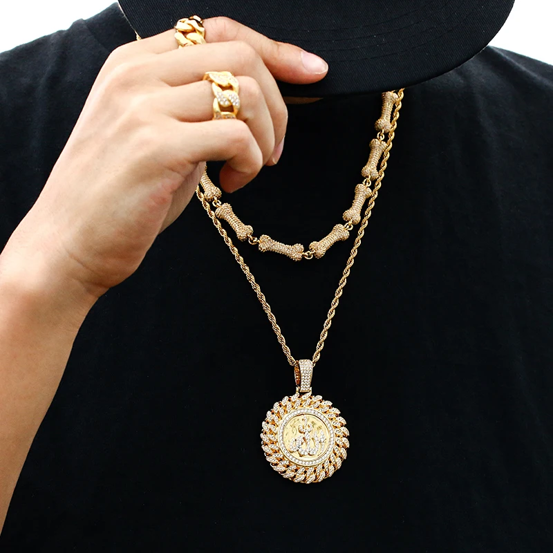 

Hip Hop Round Pendant Zircon Hieroglyph Hemp Lace Design Fashion Rock Necklace For Men Women Party Gifts
