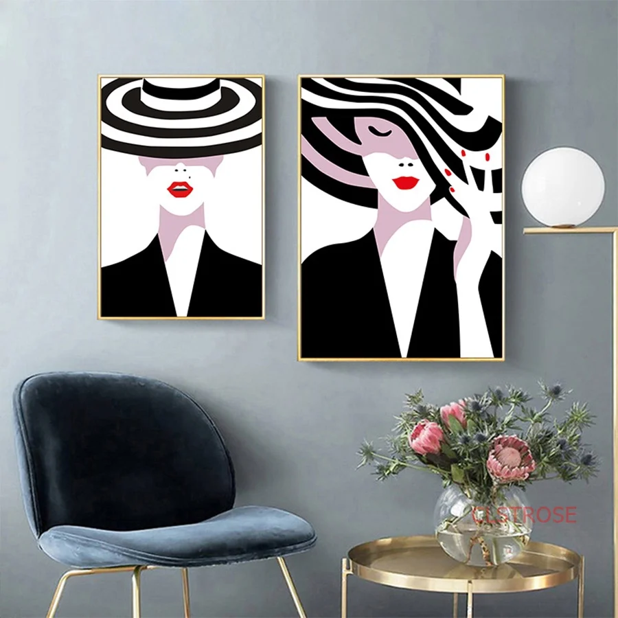 Черно белая девушка модная Картина на холсте плакат и принты сексуальные красные