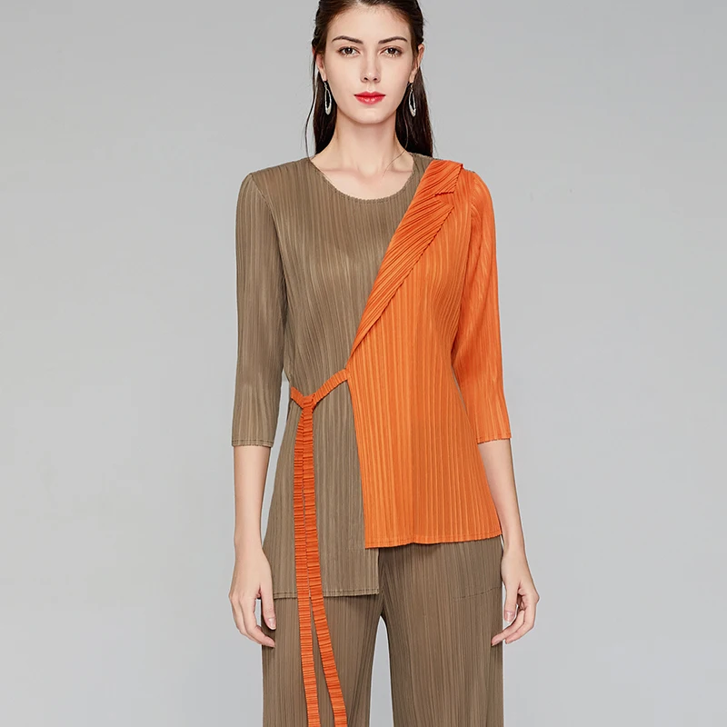 LANMREM новинка 2020 весна круглый воротник хит цвет соединяется плиссированная