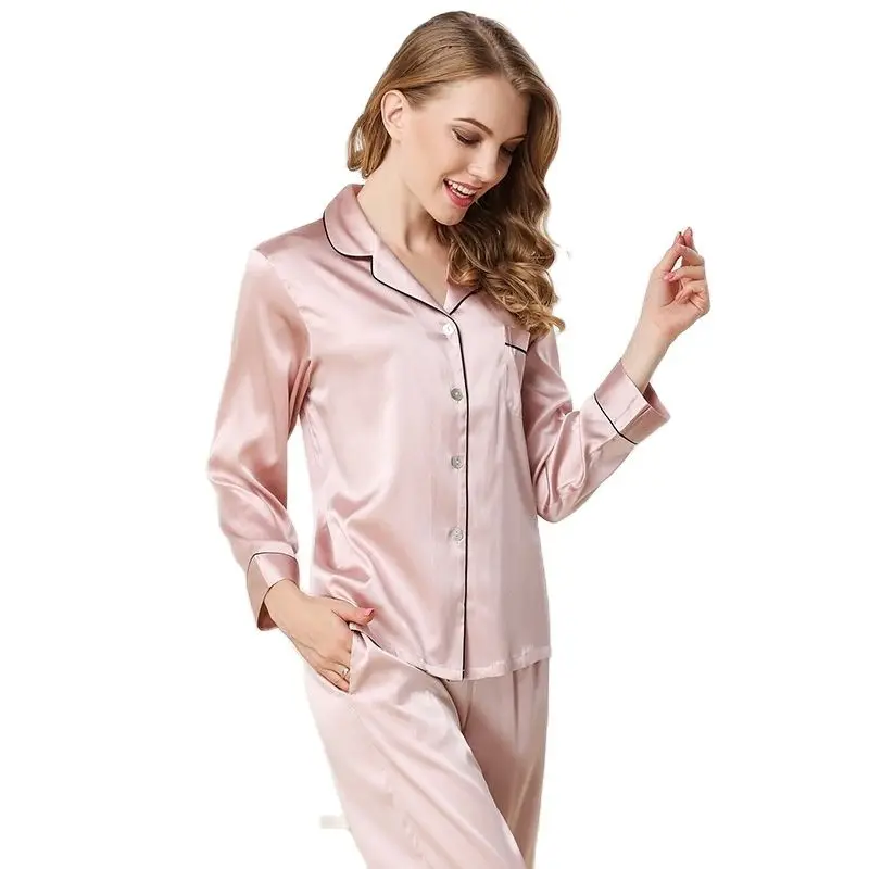 High-Grade Real Silk Women Pajamas Spring Autumn Sexy Satin Silk Long-Sleeve Pajama Pants Sets Comfortable Soft Lounge Set T8130