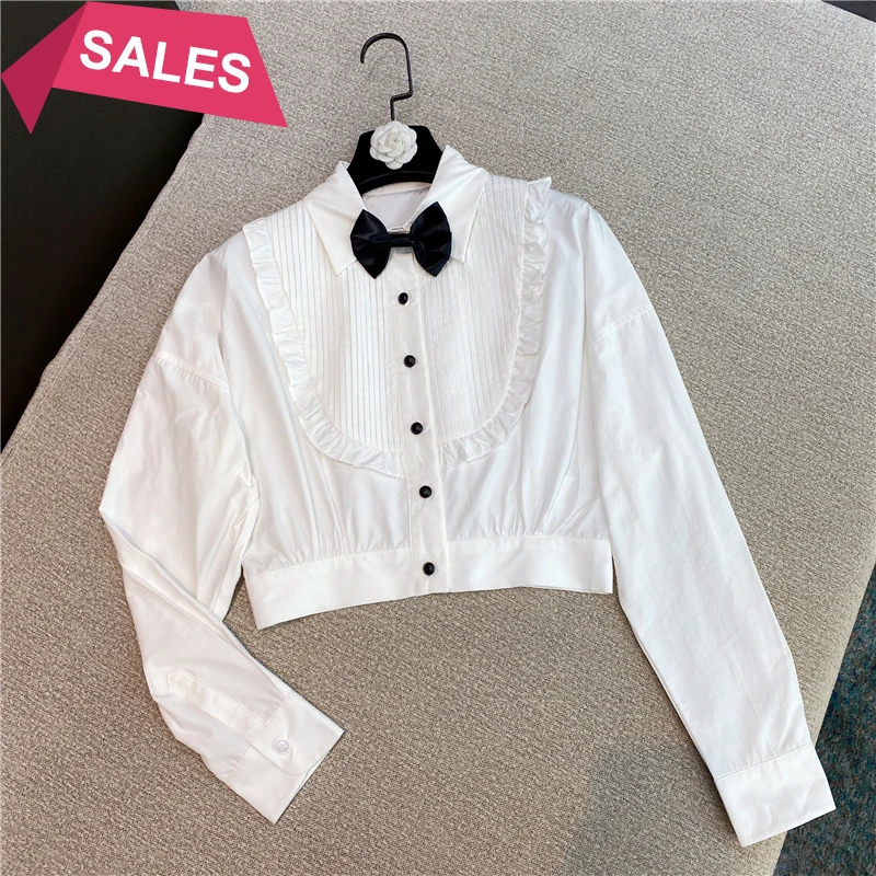 

winter new French Court Style Lace neck sweet contrast bowknot bubble sleeve shirt blouse
