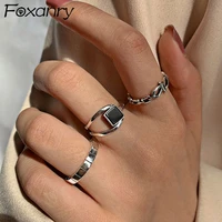 foxanry minimalist 925 stamp finger rings new fashion creative black stone geometric birthday party jewelry gifts