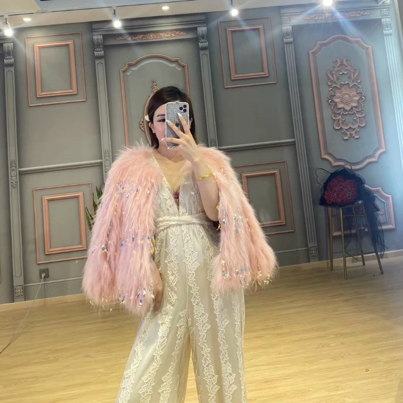 Женское пальто с мехом енота OFTBUY повседневное вязаное разноцветными ракушками