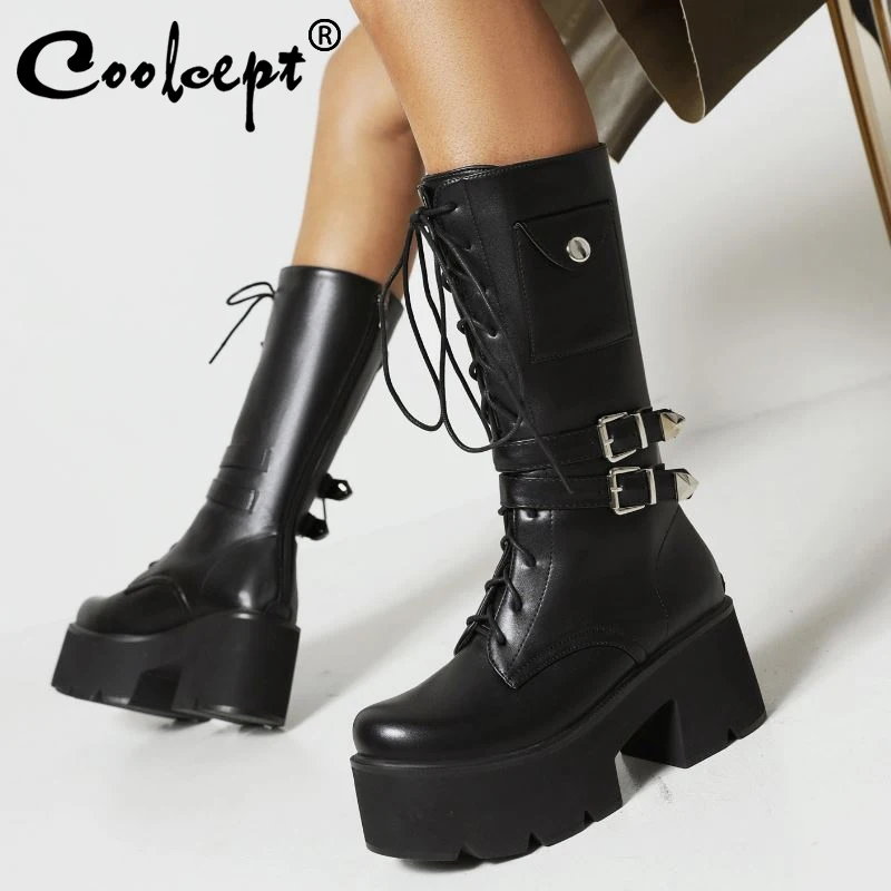 

CoolCept Women Mid Calf Boots Shoes Chunky Ins High Heels Fashion Winter Long Boot Daily Office Lady Female Footwear Size 35-43