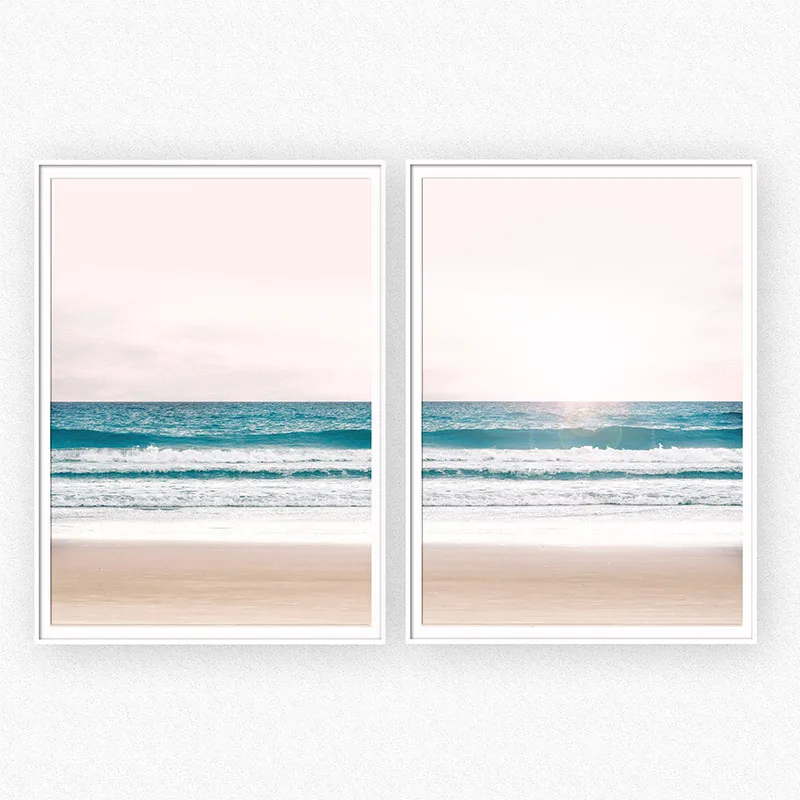 Минималистичный розовый пляжный холст с изображением океанских волн Настенный