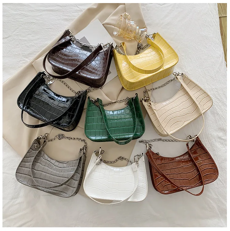 

Pure Color Metal Chain Decoration Women's Handbag Simple Chain Shoulder Bag Casual Messenger Bag Crocodile Pattern Ladies Bag