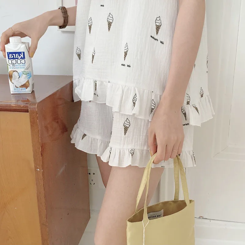 2021 Korea New Summer Ice Cream Printing Skin Cotton Yarn Women's Pajamas Sling Set Home Clothes Female Sleepwear Nightwear