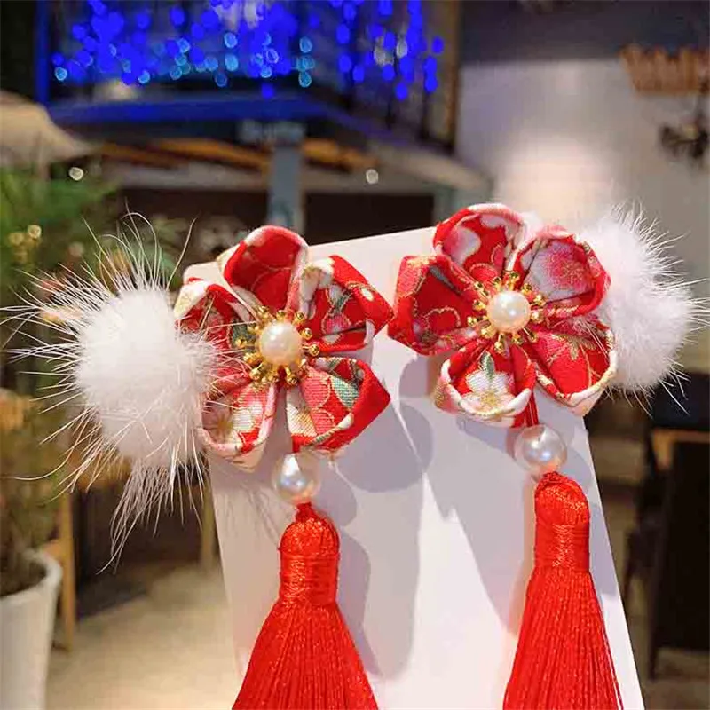 

Children's Red Fur Ball Hair Accessories Cute Chinese Style Rubber Band Baby New Year's Clothing Headdress