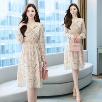 midi chiffon women floral dress autumn spring runway 2021 y2k korean fairy long sleeve vintage elegant boho party night dresses