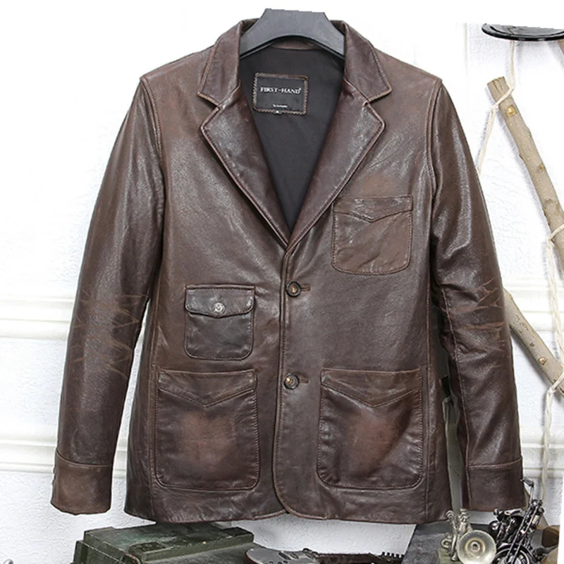 

Мужской пиджак из натуральной кожи, коричневый Повседневный пиджак из овечьей кожи с отворотами, приталенный силуэт, 2021
