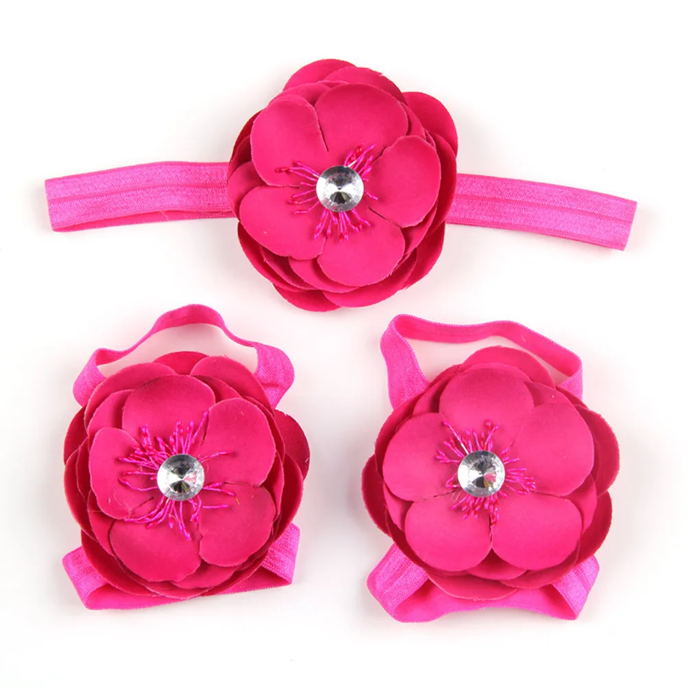 

3pcs Infant Baby Barefoot Lace Shoes Sandals Flowers Footwear Set Children's Hair Band Foot Flower Soft And Comfortable Casual