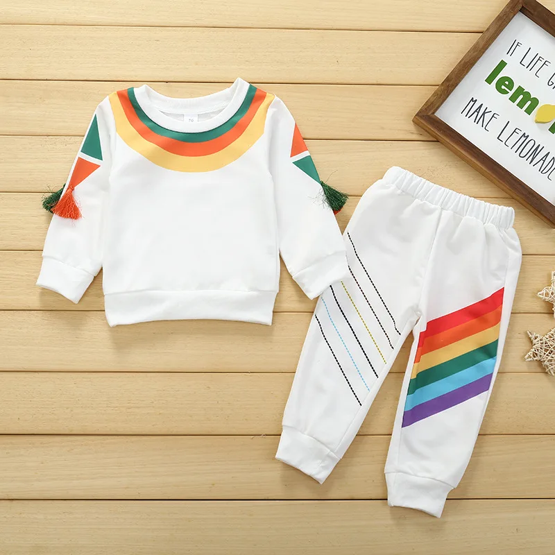 Baby girl boy rainbow T-shirt tops clothes long-sleeved sweater sweatshirt pants two-piece suit | Детская одежда и обувь