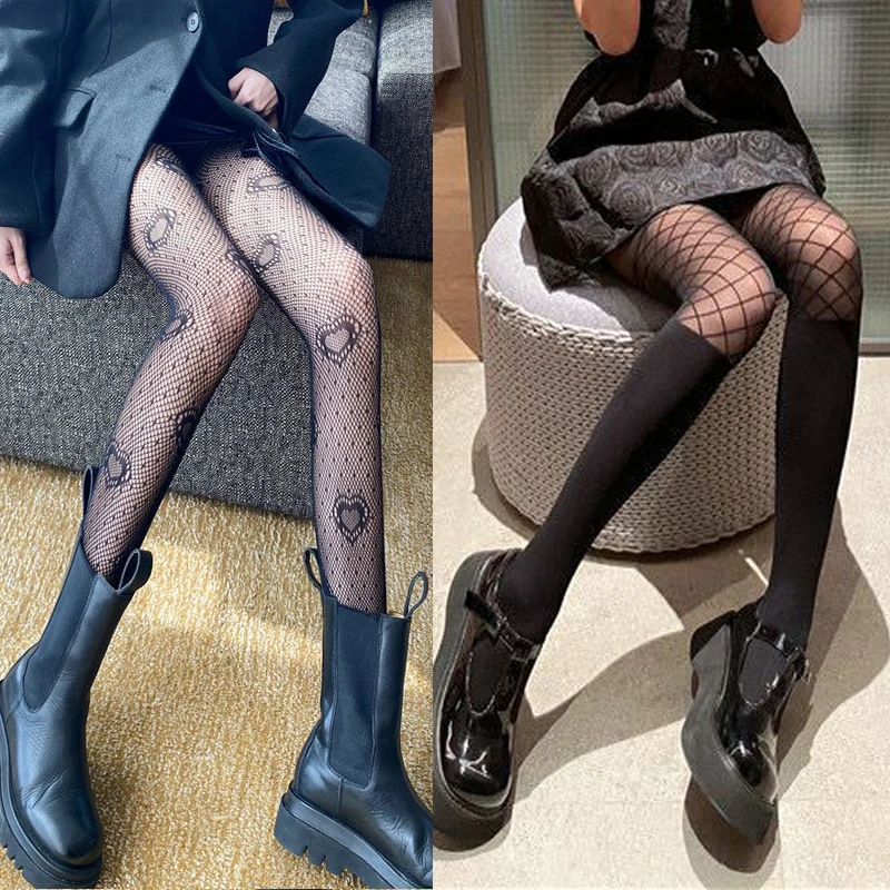 

Black Love Dot Pattern See-Through Pantyhose Temptation Tights Sexy Women Fake Fishnet Stocking Over Knee Patchwork Stocking