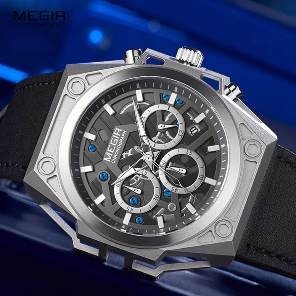 

MEGIR Military Sports Watches Men 2020 Luxury Brand Leather Strap Chronograph Quartz Watch Man Fashion Waterproof Wristwatch