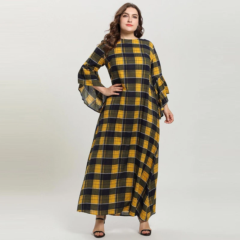 Женское желтое клетчатое повседневное длинное мусульманское платье с