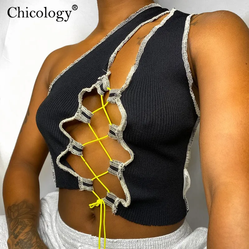 Chicology на шнуровке одно плечо 2020 модная футболка для женщин сексуальный